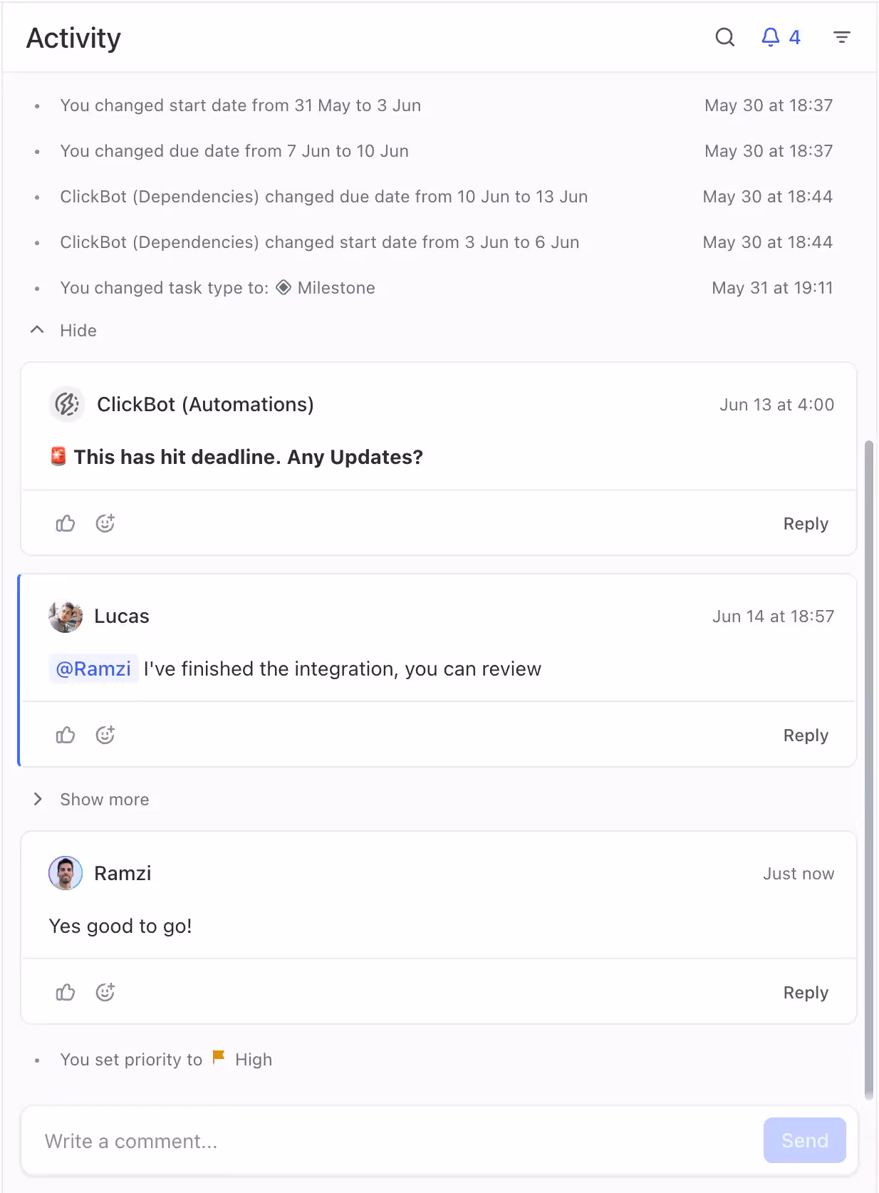 ClickUp's Activity pannel